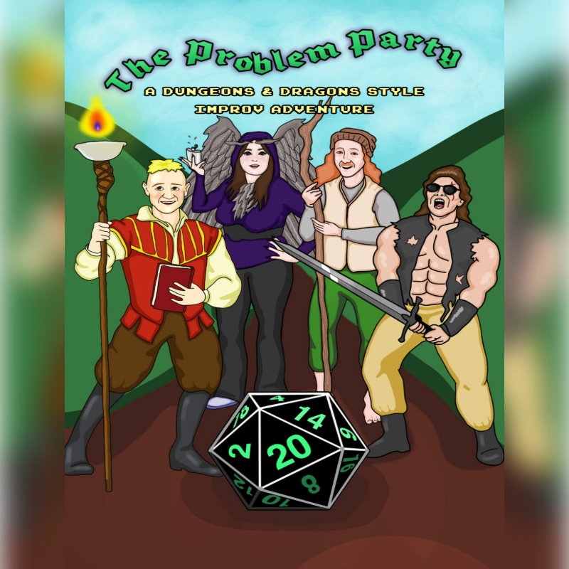 Four costumed adventurers stand behind a large D20 die, with a stylized title above them and a muted background.