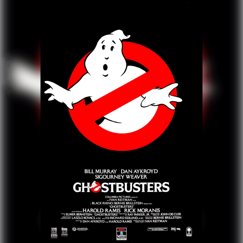A white, cartoonish ghost is trapped within a red circle with a diagonal line through it, set against a black background with movie credits below.
