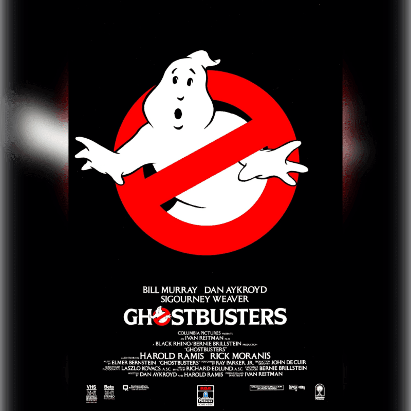 A white, cartoonish ghost is trapped within a red circle with a diagonal line through it, set against a black background with movie credits below.