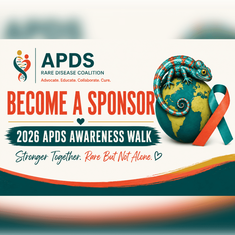 A teal and orange ribbon wraps around a globe with a chameleon on top, set against a background promoting the 2026 APDS Awareness Walk.