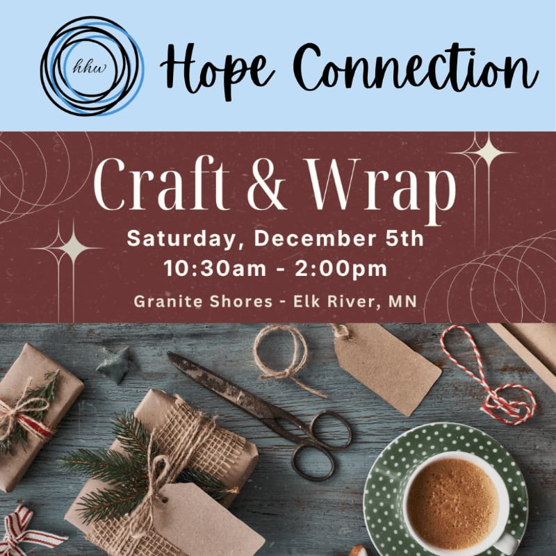 A light blue banner with "Hope Connection" and a logo sits above a dark red section advertising a "Craft & Wrap" event, with a close-up of wrapped gifts, scissors, and a cup of coffee in the foreground.