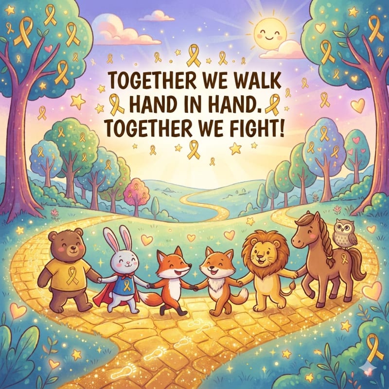 A group of cartoon animals walks hand-in-hand on a path adorned with yellow ribbons, under a sky filled with stars and a smiling sun.