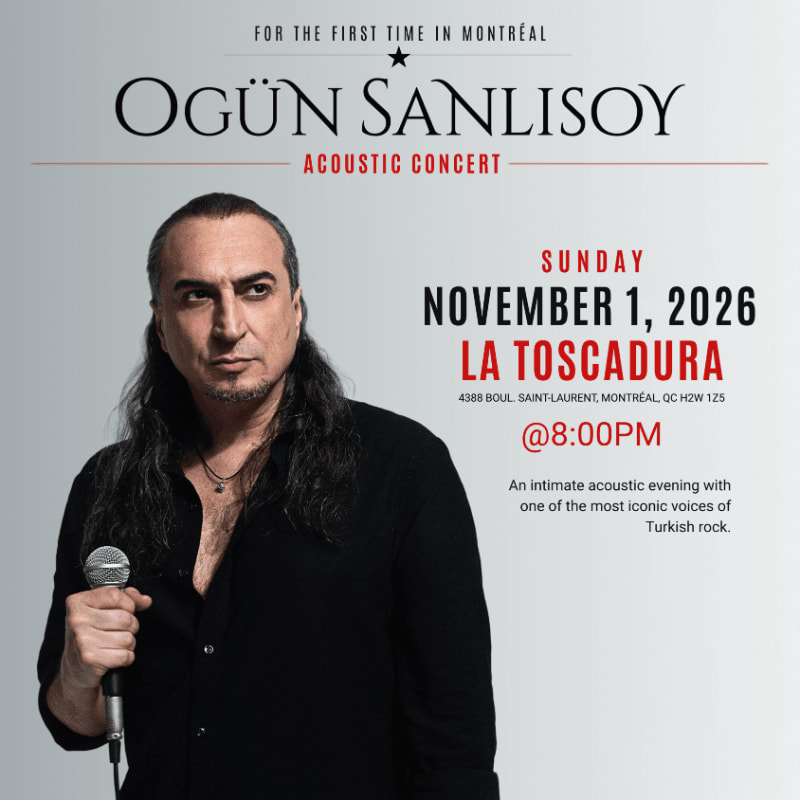A man with long dark hair holds a microphone in the foreground, with concert details for an acoustic performance by Ogün Sanlısoy in Montreal displayed in the background.
