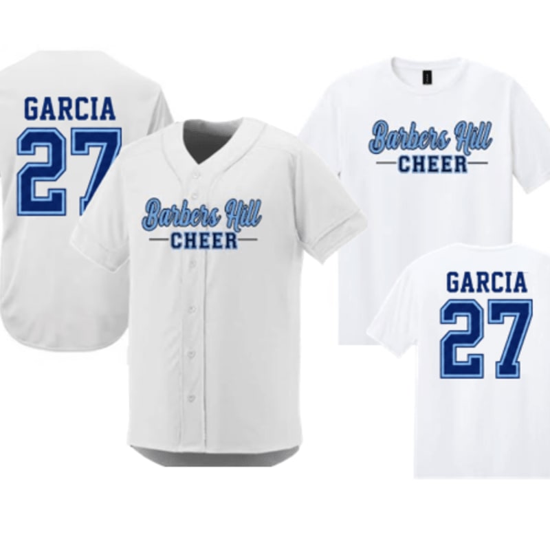 Four white baseball and t-shirts with blue lettering are arranged against a white background, with two shirts displaying "GARCIA 27" and two displaying "Barbers Hill - CHEER".