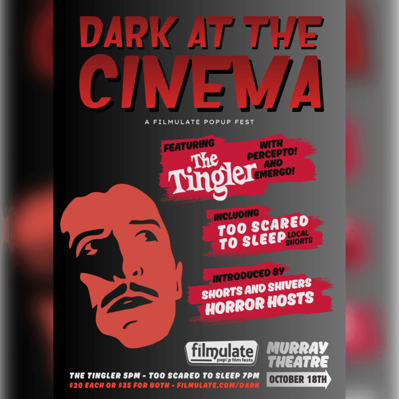 A red graphic of a man's face with a mustache is in the foreground, set against a black background with white and red text advertising a "Dark at the Cinema" film festival.