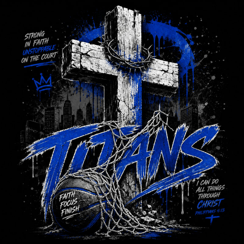A basketball with the words "FAITH FOCUS FINISH" rests in a net in the foreground, while a large, distressed cross with a crown of thorns and the word "TITANS" dominates the background against a dark, splattered cityscape.