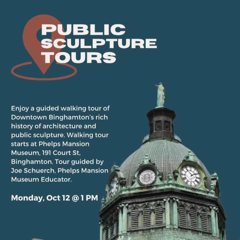 A graphic advertises public sculpture tours with text overlaying a close-up of a domed building's upper section.
