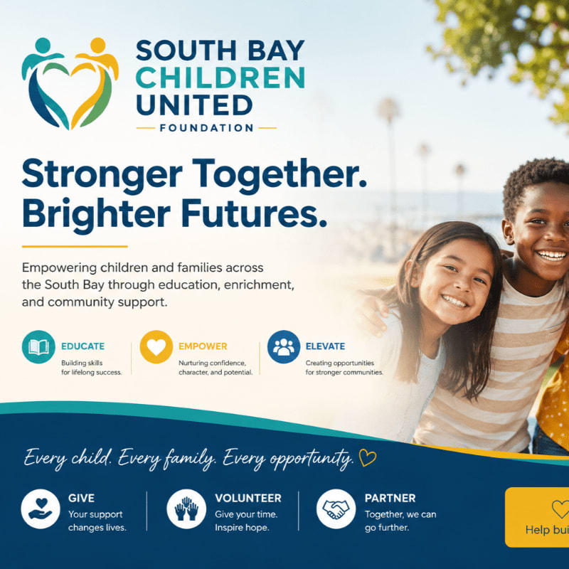 Two smiling children are in the foreground, with the South Bay Children United Foundation logo and slogan "Stronger Together. Brighter Futures." in the background.