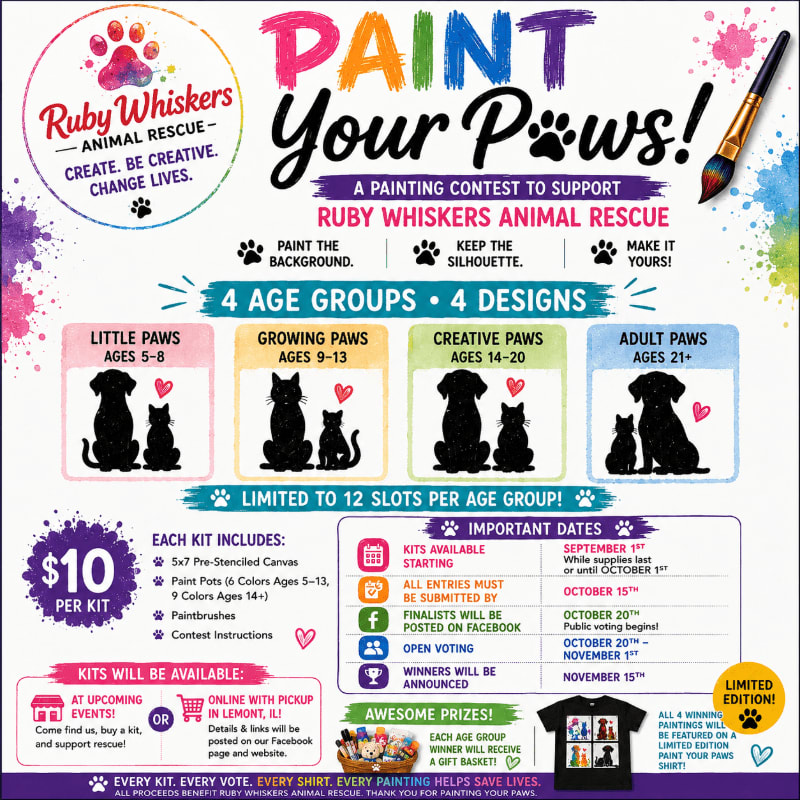 A colorful flyer advertises a painting contest for Ruby Whiskers Animal Rescue, featuring silhouetted dogs and cats in the foreground against a vibrant, paint-splattered background.