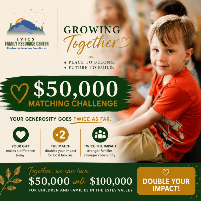 A smiling young boy in the foreground is featured in a graphic promoting a $50,000 matching challenge for the EVICS Family Resource Center, with blurred children in the background.