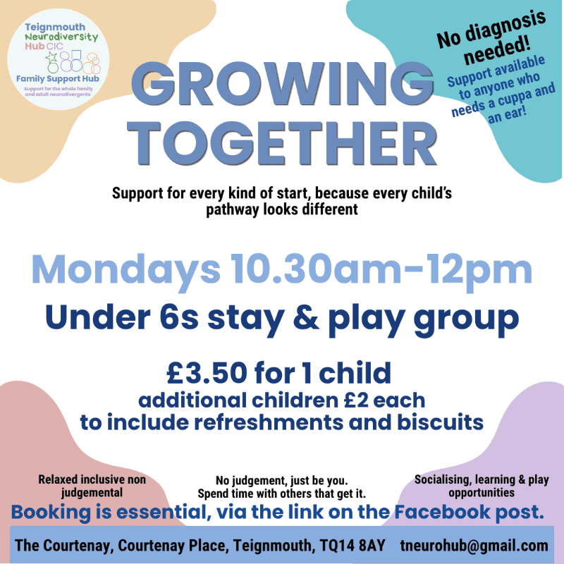 A colorful flyer advertises a "Growing Together" under 6s stay and play group on Mondays, with details about cost, refreshments, and contact information in the foreground, set against a soft, abstract background.