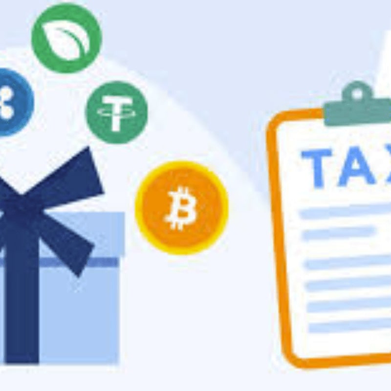 A light blue gift box with a dark blue ribbon sits in the foreground next to a clipboard with "TAX" written on it, while various cryptocurrency symbols float in the background.
