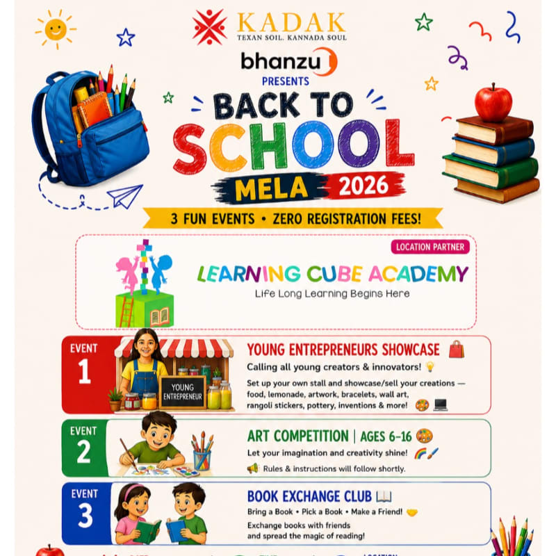 A vibrant "Back to School Mela" poster features a blue backpack and stack of books in the foreground, with colorful text and event details against a white background in the background.