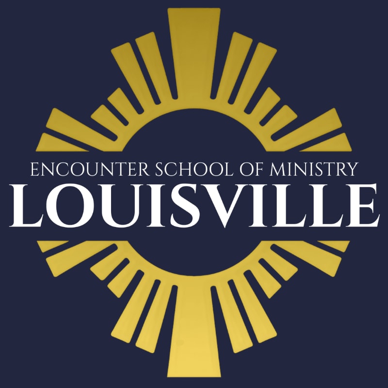 A golden sunburst logo with the words "ENCOUNTER SCHOOL OF MINISTRY LOUISVILLE" is set against a dark blue background.