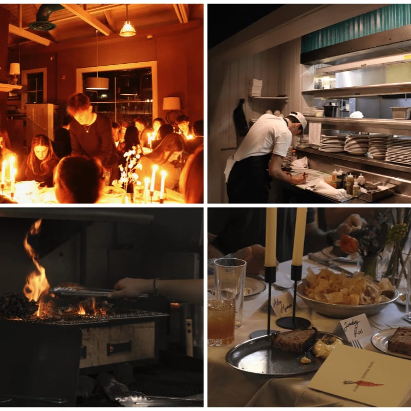 Candles illuminate a dining table in the foreground of the top-left panel, while a chef works in a kitchen in the top-right panel, a fire blazes in a grill in the bottom-left panel, and a close-up of a candlelit table setting is in the bottom-right panel.