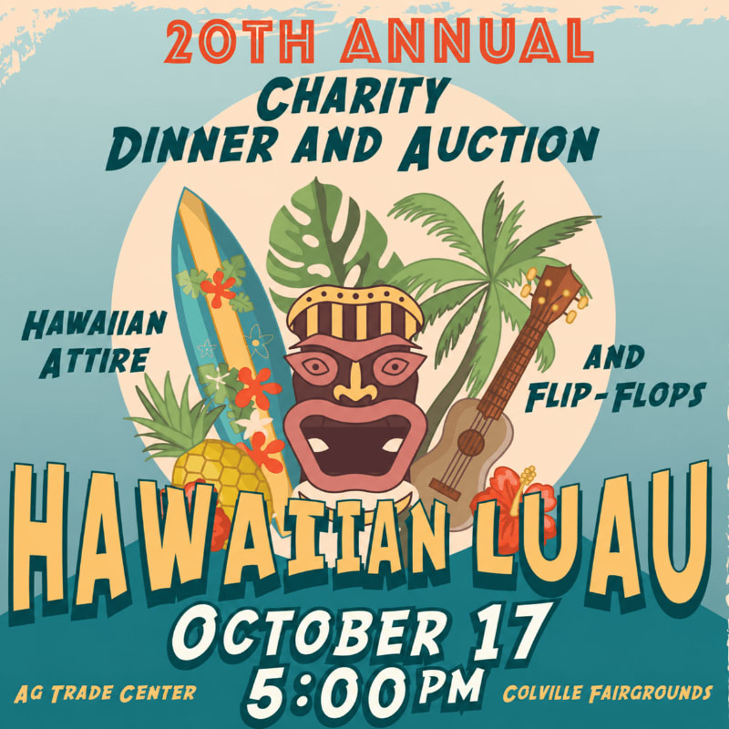 A vibrant Hawaiian luau poster for a charity dinner and auction features a tiki mask, surfboard, pineapple, and ukulele in the foreground, set against a pale yellow circle and a light blue background with palm trees and tropical leaves.