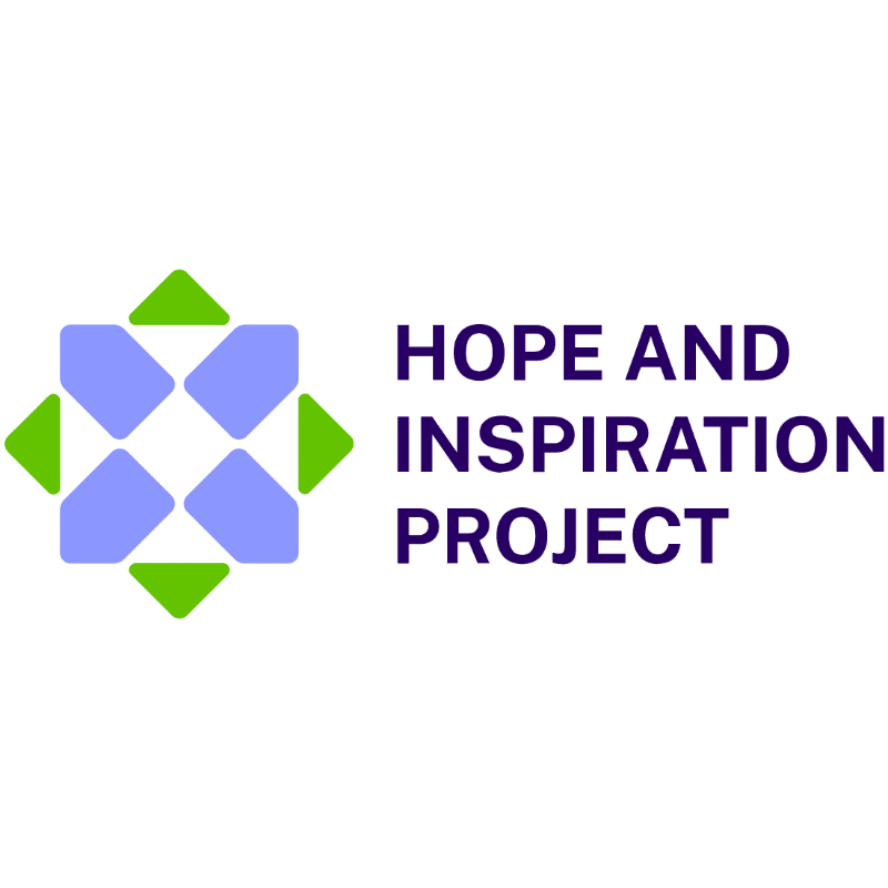 A geometric logo with purple text "HOPE AND INSPIRATION PROJECT" to the right of a stylized four-pointed star made of green and light blue shapes on a white background.