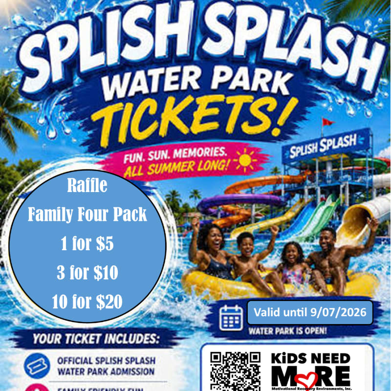 A family enjoys a water slide at Splish Splash Water Park, with raffle ticket information and park details prominently displayed in the foreground.