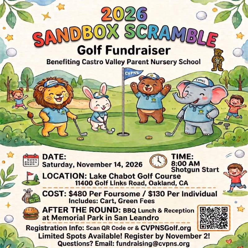 Four cartoon animals, a lion, rabbit, bear, and elephant, dressed in golf attire, stand on a green golf course with a flag in the background, promoting a 2026 golf fundraiser for Castro Valley Parent Nursery School.