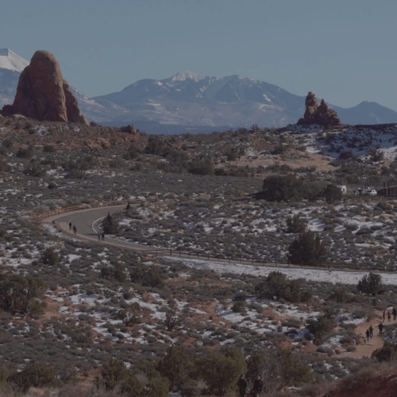 A winding road with hikers in the foreground leads through a snowy desert landscape towards snow-capped mountains in the background.