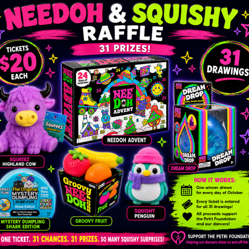 In the foreground, various squishy toys and raffle prizes are displayed, while the background features a vibrant neon pink and black design with text announcing the "Needoh & Squishy Raffle."