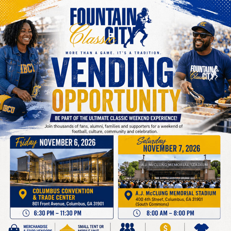 A smiling couple in blue and gold attire is featured in the foreground, with a large advertisement for a "Fountain City Classic" vending opportunity in the background.