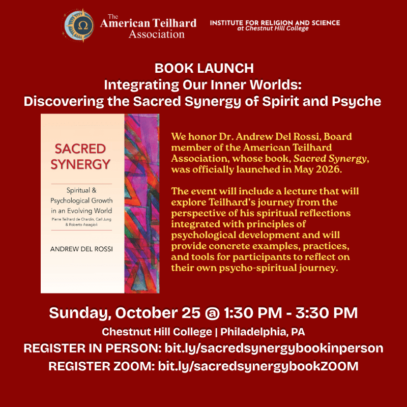 A book cover for "Sacred Synergy" is featured in the foreground against a dark red background that details a book launch event.