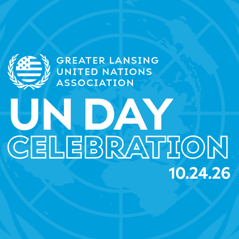 White text announcing "UN DAY CELEBRATION" and "10.24.26" is overlaid on a light blue background featuring a faint world map.