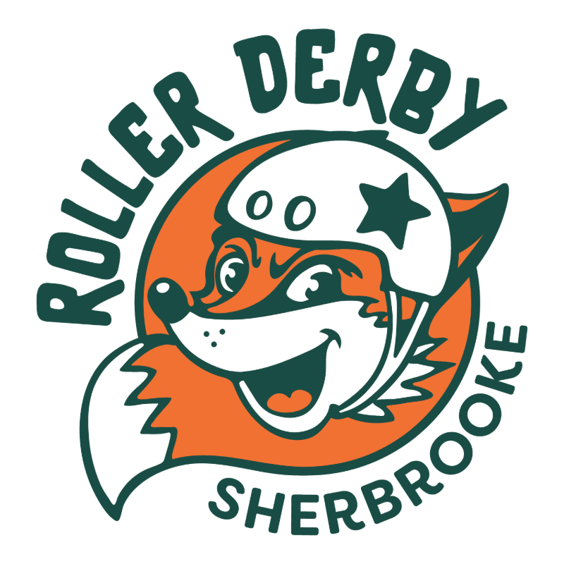 A cartoon fox wearing a roller derby helmet grins in the foreground, with the words "ROLLER DERBY SHERBROOKE" encircling it against a white background.