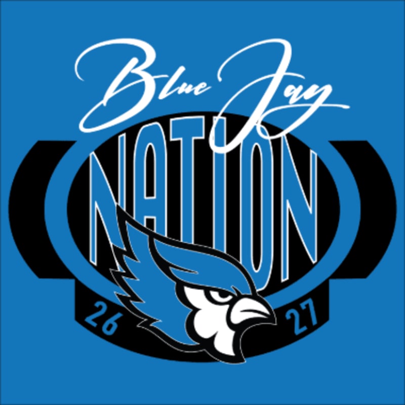 A blue jay head is in the foreground with "Blue Jay NATION" written in stylized text in the background.