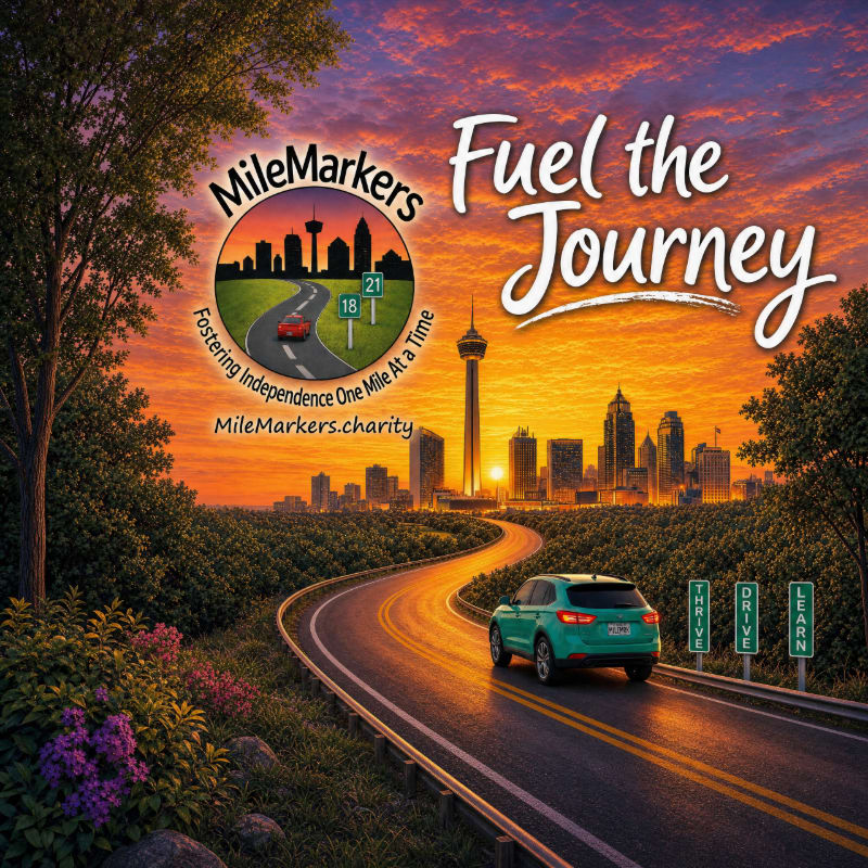A teal car drives on a winding road towards a city skyline at sunset, with trees and flowers lining the foreground and the "MileMarkers Fuel the Journey" logo visible.