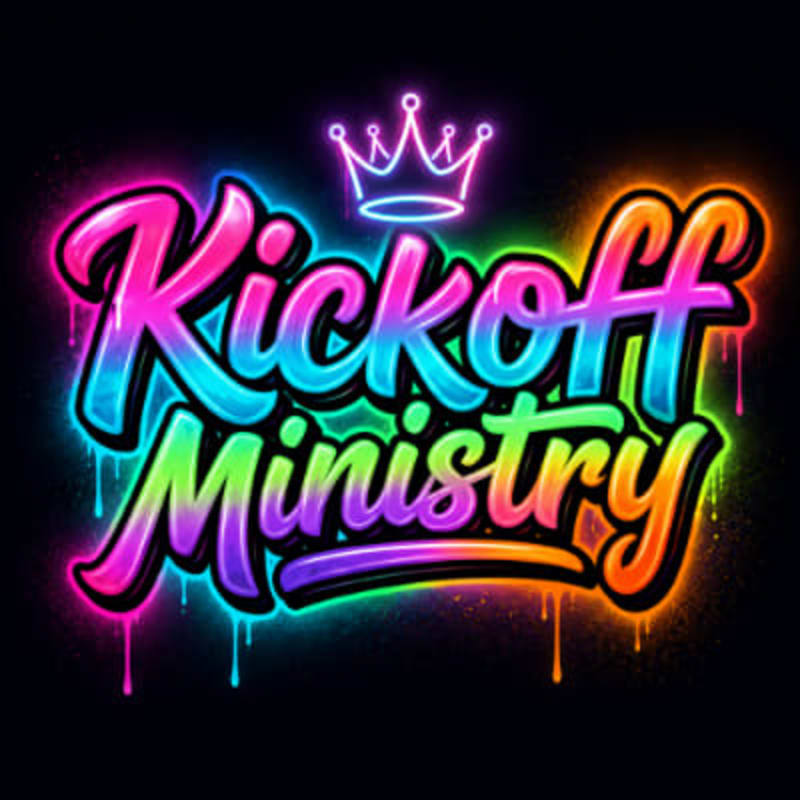 Neon-colored graffiti spelling "Kickoff Ministry" with a crown hovers over a dark, dripping background.