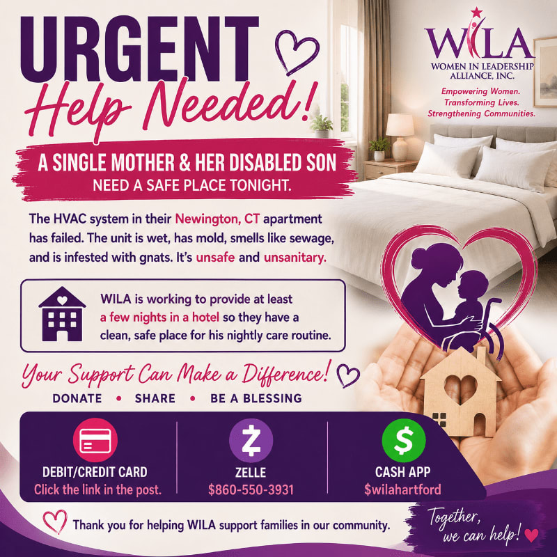 A purple and pink graphic urges urgent help for a single mother and her disabled son, with a background image of a hotel room and hands holding a miniature house.