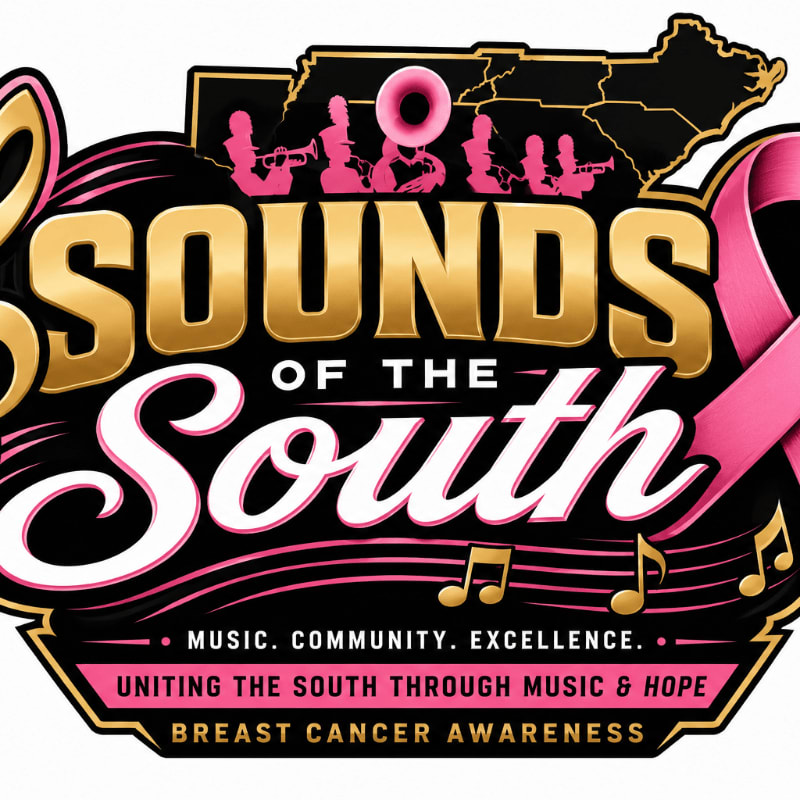 Golden text reading "SOUNDS OF THE South" with musical notes and a pink ribbon are in the foreground, while a silhouette of North Carolina with pink musical instruments is in the background.