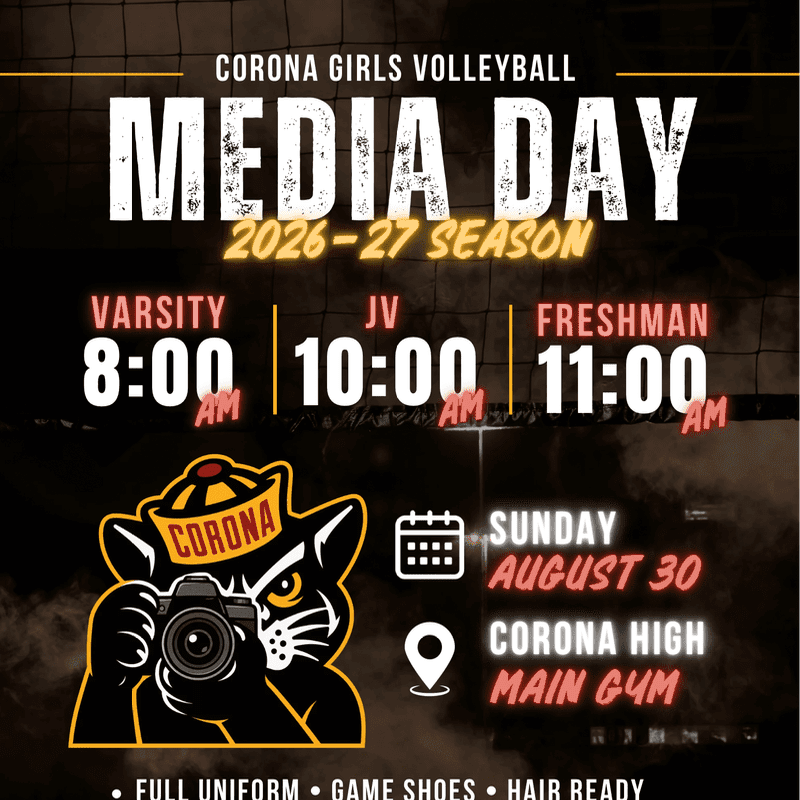 A black panther mascot holding a camera is in the foreground, with the background displaying information about Corona Girls Volleyball Media Day for the 2026-27 season.