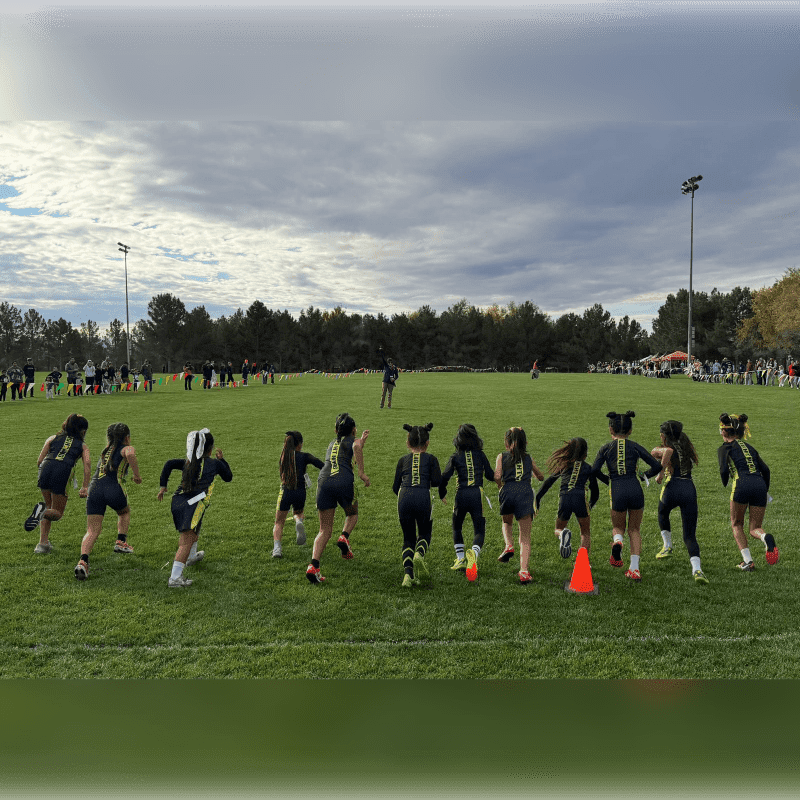 A group of young girls in athletic wear run across a grassy field with trees and a cloudy sky in the background.