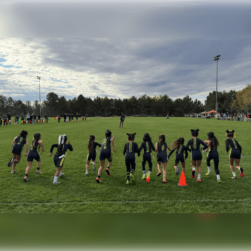 A group of young girls in athletic wear run across a grassy field with trees and a cloudy sky in the background.