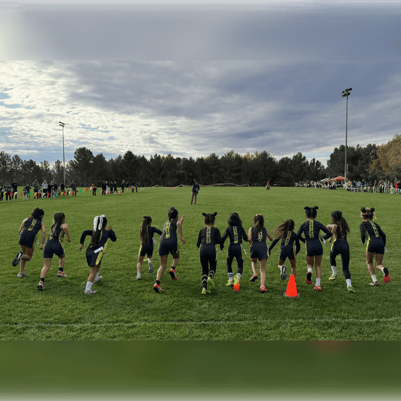 A group of young girls in athletic wear run across a grassy field with trees and a cloudy sky in the background.