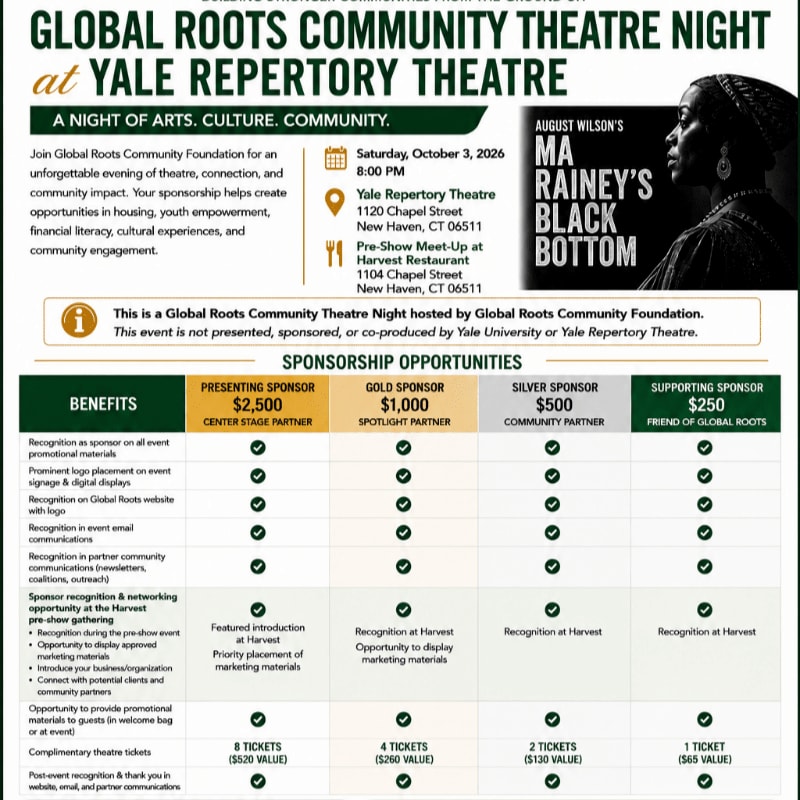 A poster for "Global Roots Community Theatre Night at Yale Repertory Theatre" features sponsorship opportunities in the foreground and event details and a play advertisement in the background.
