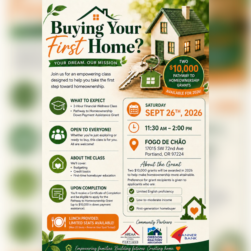 A flyer for a "Buying Your First Home?" class is displayed with a house and keys in the foreground and text detailing the event in the background.