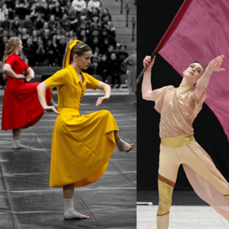 In the foreground, two dancers in vibrant yellow and red dresses perform on a stage with a grayscale audience in the background, while on the right, a dancer in gold and beige attire with a pink flag is captured mid-motion.