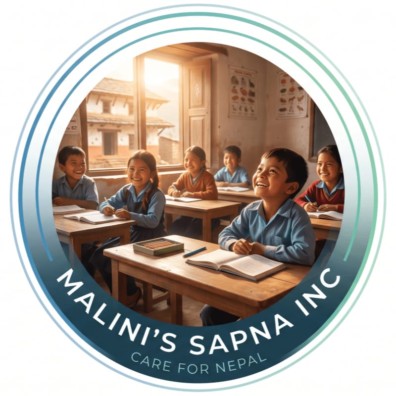Children in a classroom with desks and books in the foreground, and a view of buildings and mountains through a window in the background.
