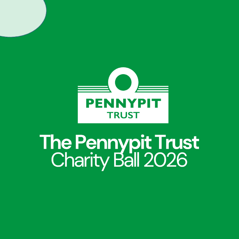 A white logo for "PennyPit Trust" and text reading "The PennyPit Trust Charity Ball 2026" are centered on a vibrant green background with a partial white circle in the upper left corner.
