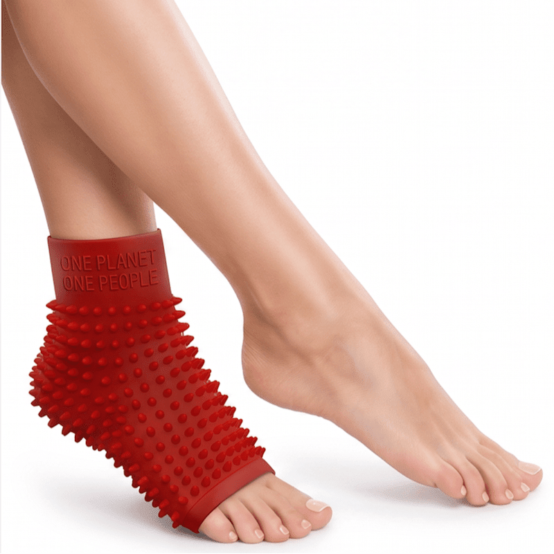 A red acupressure foot massager covers the left foot and ankle of a person, with their bare right foot and leg extending into the white background.