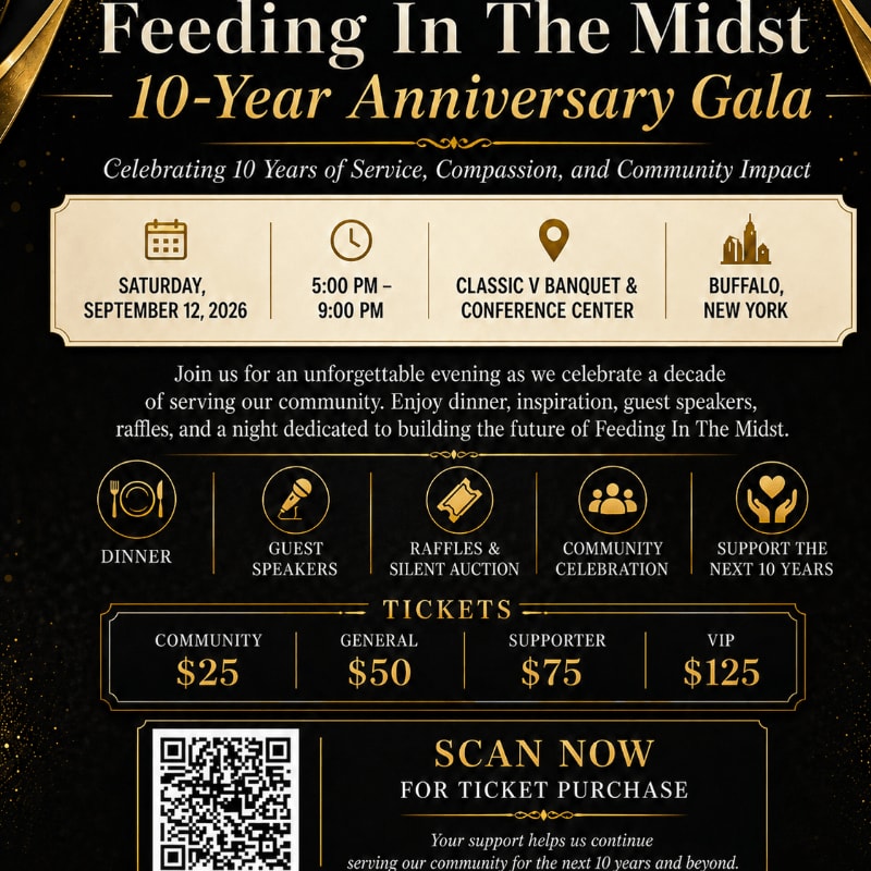 A golden and black invitation for a 10-year anniversary gala is displayed, featuring event details and ticket prices in the foreground, with a blurred background suggesting a celebratory atmosphere.