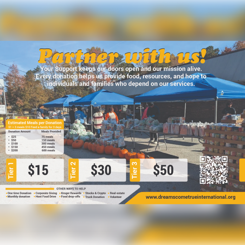 In the foreground, donation tiers and a QR code are displayed, while the background shows an outdoor event with tents, food, and people.