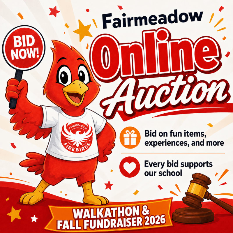A cartoon cardinal in a t-shirt holding a "BID NOW!" sign stands in the foreground against a background advertising the Fairmeadow Online Auction, Walkathon, and Fall Fundraiser.