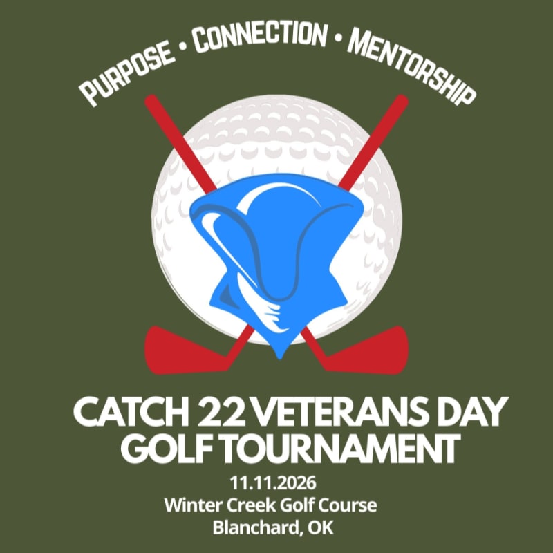 A golf ball with crossed clubs and a blue bandana is centered on a green background, with event details below.