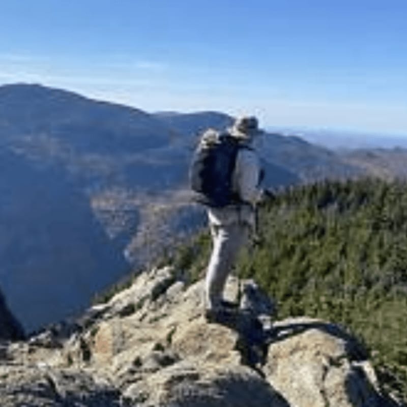 A hiker stands on a rocky summit, gazing at a vast expanse of forested mountains under a clear blue sky.