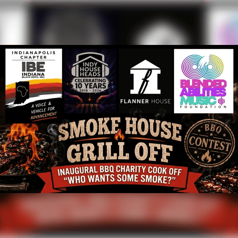 In the foreground, flames lick at racks of ribs on a grill, while the background displays four logos for the "Smoke House Grill Off" event.